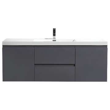 MOB 60" Single Acrylic Sink Wall Mounted Vanity, Glossy Gray