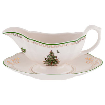 Spode Christmas Tree Gold Collection Gravy Boat and Stand