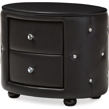 Davina Hollywood Glamour Oval 2-Drawer Faux Leather Upholstery Nightstand, Black