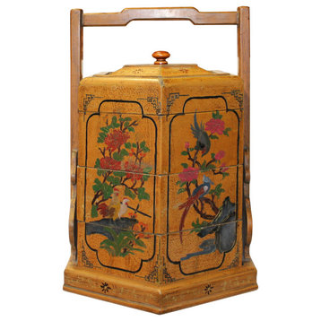 Chinese Copper Yellow Lacquer Season Floral Graphic Stack Box Basket Hcs5649