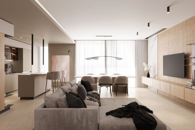 Diseño de salón para visitas tipo loft minimalista grande con paredes beige, suelo de baldosas de porcelana, pared multimedia, suelo beige, bandeja, madera y alfombra
