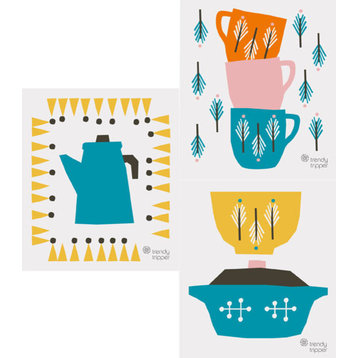 Swedish Dishcloth/Sponge Cloth: 3-Pack Kettle, Cups, & Bowls, Cobalt Blue/Orange