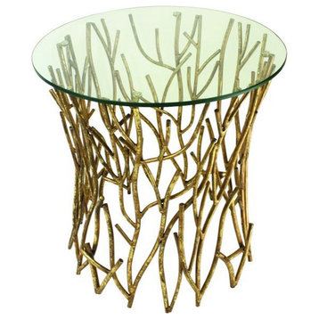 Glass Top Iron Twig Accent Table Gold Branch Modern Round Drum