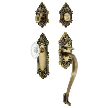 Victorian Plate S Grip Entry Set Crystal Victorian Knob, Antique Brass, 2.75"