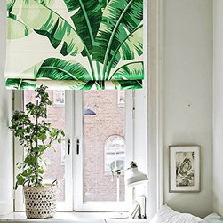 Quick Fix Washable Roman Window Shades Flat Fold , Green Banana Leaves B - Roman Shades