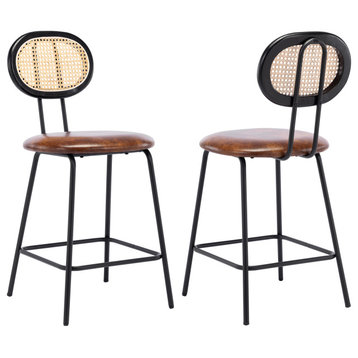 Rattan Cane Back Counter Stools Set of 2, Yellowish Brown