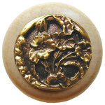 Notting Hill Decorative Hardware - Hibiscus Wood Knob, Antique Brass, Natural Wood Finish, Antique Brass - Projection: 1-1/8"