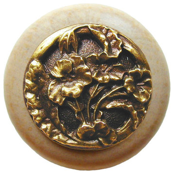 Hibiscus Wood Knob, Antique Brass, Natural Wood Finish, Antique Brass