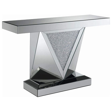 Contemporary Console Table, Mirrored Design With Triangular Accents, Silver