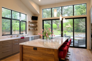 Kitchen - mid-sized contemporary light wood floor kitchen idea in San Francisco with an undermount sink, flat-panel cabinets, gray cabinets, quartz countertops, white backsplash, stone slab backsplash, stainless steel appliances and an island