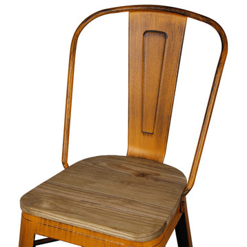 Antique Orange High Back Metal Barstools With Light Wooden Seat, Set of 2