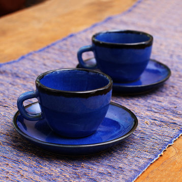 Novica Handmade Relaxing Blue Ceramic Cups And Saucers, Set of 2