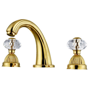 Gold Widespread Lavatory Faucet With Decorative Base and Crystal Design