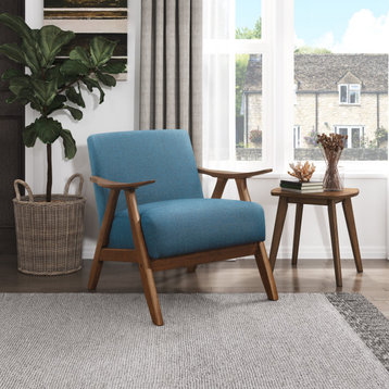 Retro Accent Chair, Walnut Frame With Curved Arms and Padded Seat, Blue