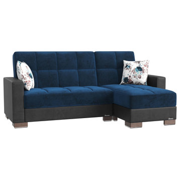 Futon Sectional Sofa, Square Tufted Seat, Turquoise/Black Leatherette