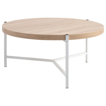 Wib 37" Round Coffee Table, Sturdy Metal Frame, White Base, Brown