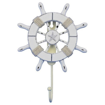 Rustic All White Decorative Ship Wheel With Starfish With Hook 6'', Wooden