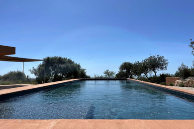 Ispirazione per una piscina mediterranea rettangolare con una dépendance a bordo piscina e pavimentazioni in cemento