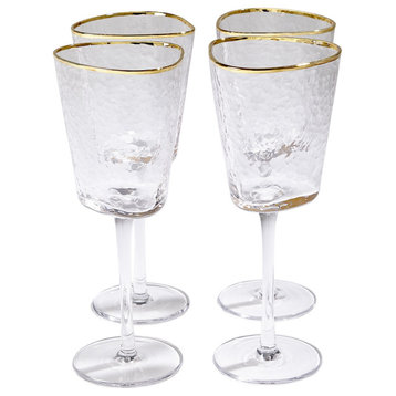 Elegant Hammered Art Wine Glass Set of 4 Footed Gold Rim Modern Asymmetrical
