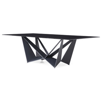 Modern Serra 94 Inch Dining Table - Smoked Glass with Matte Black Steel Base