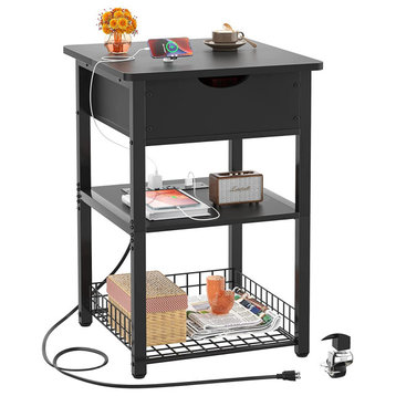 Modern End Table with Charging Station and Flip Top Storage Shelves, Black