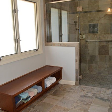 Bath Remodel with Cabinets in Maple Briarwood Stain and Silestone Lagoon Tops