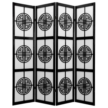 Classic Room Divider, Rice Paper Panels & Asian Lattice Symbol, Black/3 Panels