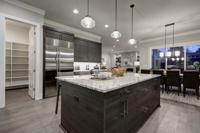 Example of a large minimalist single-wall open concept kitchen design in Tampa with flat-panel cabinets and an island