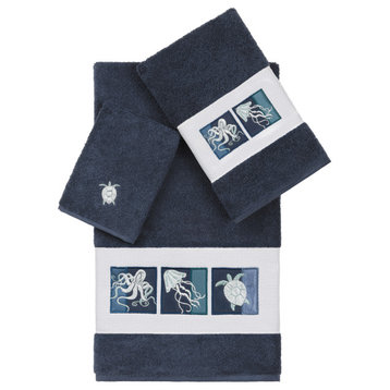 100% Turkish Cotton Ava 3-Piece Embellished Towel Set, Midnight Blue