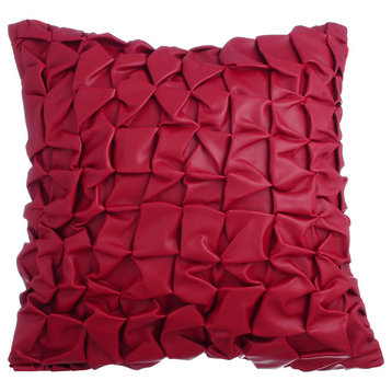 Textured Knotted Pintucks 16"x16" Faux Leather Red Pillow Cases, Rodeo Red