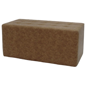 Modern Rectangular Ottoman, Distressed Faux Leather With Tufted Top, Pecan