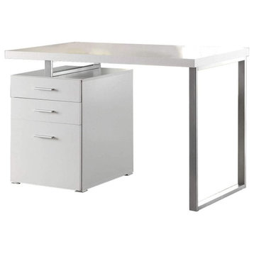 Modern Desk, Silver Frame With Rectangular Top & 3 Drawers, White