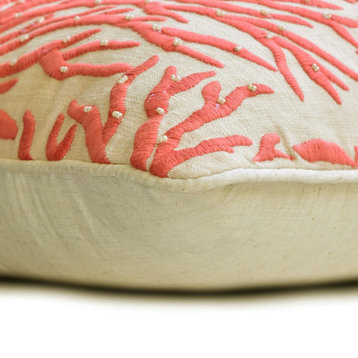 Peach Linen Coral Embroidery, Pearl, Beach Sea 24"x24" Pillow Cover, Coraline