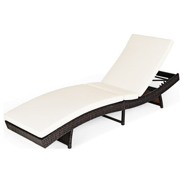 Costway Patio Rattan Folding Lounge Chair Chaise Adjustable W/White Cushion