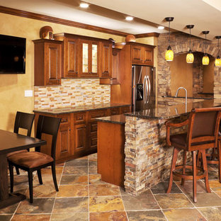 This is an example of an expansive classic walk-out basement in Kansas City with slate flooring, no fireplace and beige walls.
