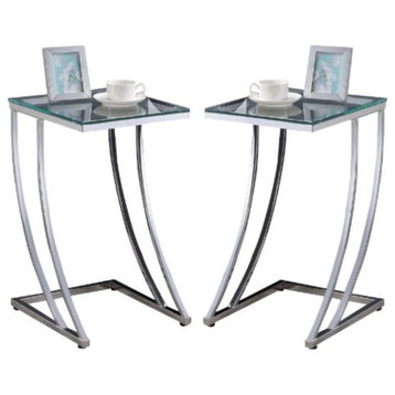 Home Square Contemporary Glass Top Accent End Table in Chrome - Set of 2
