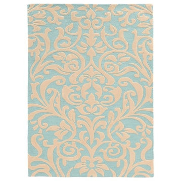 Linon Trio Damask Hand Tufted Polyester 5'x7' Rug in Aqua Blue and Ivory