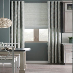 Grommet style Drapery style and roman shade  in a contemporary eating area. - Window Treatments