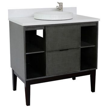 37" Single Vanity, Linen Gray Finish With White Quartz Top And Round Sink