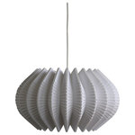 Ciara O'Neill - Spine Large Pendant Light, White - The white Spine Large Pendant Light emulates the geometric patterns found in sea urchin shells. Tight radial curves impose their structure on pleated segments which dictate the shape of the silhouette. This material of this pendant lamp gently diffuses light while also radiating light more intensely where the surface material splits apart. Using bespoke components and artisan production techniques, this pendant light is skillfully handcrafted and produced in Ciara O'Neill's East London studio. Please note the long lead time is due to the fact that this product is handcrafted and made to order. This allows us to ensure that you receive a high-quality, personalised product.
