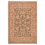 Bareens Designer Rugs - Pak Persian Maybell Green/Beige Wool Rug - 5'10'' x 9'0'' - Designed with mesmerizing intricacy and gorgeous color palette, this hand-knotted masterpiece demonstrates the beauty and electrifying thrill of Pak Persian art. These meticulously hand-knotted Pak-Persian rug is made with pure wool and features breathtaking traditional, transitional, and tribal designs in bold luxurious color pallets. Known for their intricate designs these rugs are a reproduction of Persian rugs, made in Pakistan with unique Mughal designs. Made by master weavers using the same Persian texture, design and dying technique, we wanted to produce the most significant manifestation of Persian art, life, and culture. This rug is most famous for its exceptional quality, incredible designs, patterns, and vibrant rich color. Pak-Persian rugs made with Persian weave with high knot counts, which enables the high intricacy and detail found in the patterns are also referred to as "State of art", each color adds a rich beautiful detail in the artwork of this rug. The design, color, and beautiful chromatic composition with a vibrant sheen with intricate designs, exude beauty, elegance, and quality make this rug a masterpiece of its own.