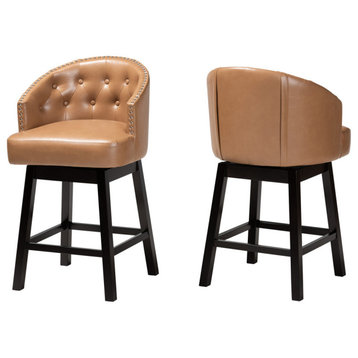 Tinalyn Swivel Counter Stool, Set of 2, Tan/Espresso Brown, Faux Leather