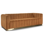 Meridian Furniture - Marlon Velvet Upholstered Sofa, Saddle - Seat guests in the epitome of comfort and style with this Marlon velvet sofa. This piece is just the thing to showcase your modish style while ensuring total enjoyment from all who are lucky enough to relax on its channel tufted seats. The soft saddle velvet upholstery adds a beautiful touch to your space and feels great against your skin while the brushed gold stainless steel base lends it a contemporary finish.