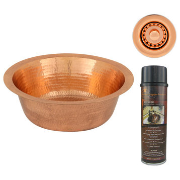 14" Round Hammered Copper Bar Sink, 2" Drain Opening, Polished Copper