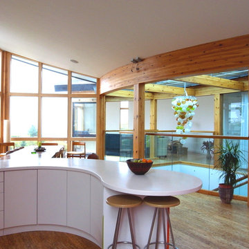 Curved kitchen overlooking the open space