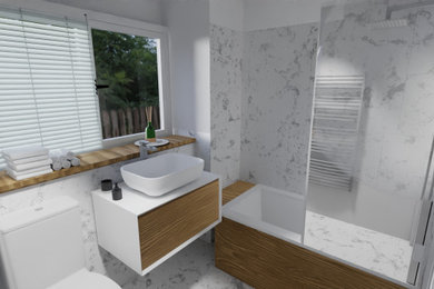 Photo of a small modern grey and brown family bathroom in London with flat-panel cabinets, brown cabinets, a built-in bath, a one-piece toilet, grey tiles, ceramic tiles, grey walls, ceramic flooring, a vessel sink, laminate worktops, grey floors, brown worktops, feature lighting, a single sink, a floating vanity unit and a drop ceiling.