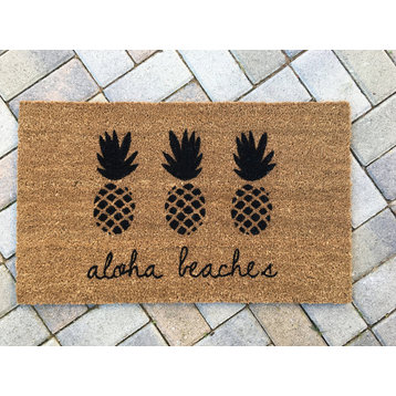Hand Painted Aloha Beaches Pineapple Doormat, Black and White