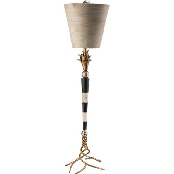 Flambeau Table Lamp - Black, Cream Striped Stem with Gold, Silver Leaf Elements