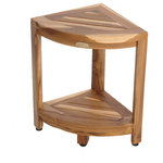 EcoDecors - Ecodecors Earthyteak Corner Teak Shower Stools or Shelf, 12"x12"x18" - EcoDecors develops unique home decor & furnishings using recycled, reclaimed, and up-cycled materials. We focus on using materials that let the natural beauty of wood be highlighted included the beautiful natural wood grains, and coloring variations in teak that is naturally indigenous to the species. We have developed a coating process that both protects the wood, and brings out the natural grains and colors of the teak wood. Every EcoDecors furniture and accessory uniquely highlights its materials. EcoDecors is a small family owned and operated company priding itself on quality, value, and service. We source directly from small rural workshops in developing countries. Our craftspeople use artisan techniques handed down from generation to generation to craft cast off doors, old boats, buildings, brides, rail road ties, teak roots, and other material into one of a kind functional works of art. To assure our quality we employ our own inspection staff on site and also do 100% quality re-inspection in the USA. This corner traditional teak shower bench has a contemporary design flair.  These stools include foot leveling pads to provide extra flexibility and stability to allow stabilization due to any minor slope and uneven surface such as shower floors. Teak is naturally water, mold, and mildew resistant due to its natural density and high oil content. It has been the wood of choice for hundreds of years for luxury boat builders. This natural resistance has been supplemented by using our proprietary EcoDecors sealer which is a deep penetrating stain with added mold, mildew, and fungus inhibitors. It provides the ability for this teak furniture to be used outdoors as well as indoors.