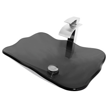 Rettangolare Clear Slate Grey Scalloped Glass Vessel Bath Sink Faucet Drain, Brushed Nickel
